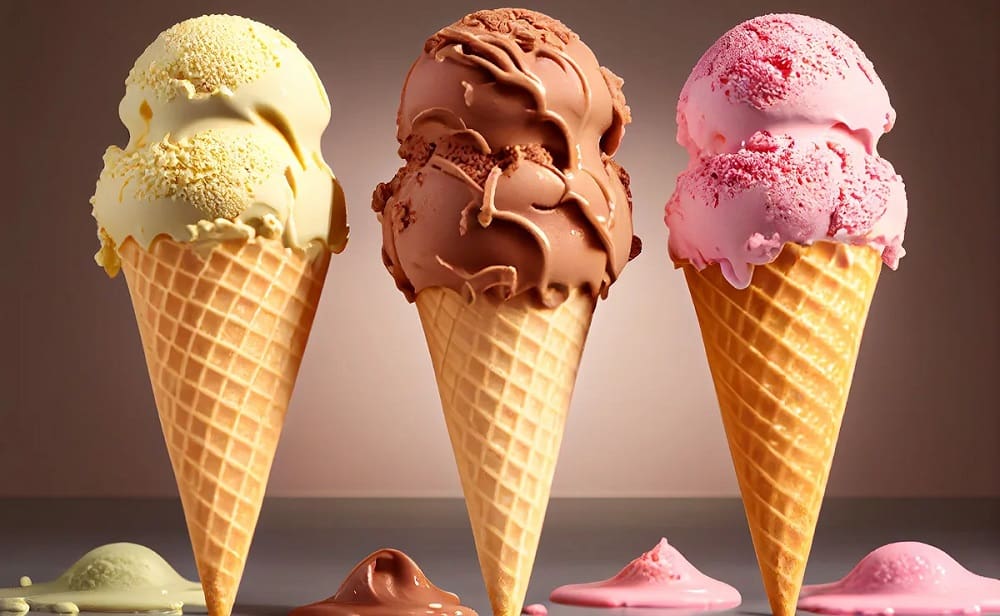 Assorted ice cream scoops showcasing Malaga's traditional and modern flavors, with vibrant colors and textures
