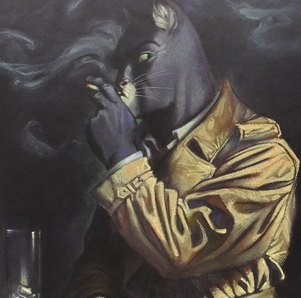 The cover of the first Blacksad comic, showing how he smokes in a dark room.