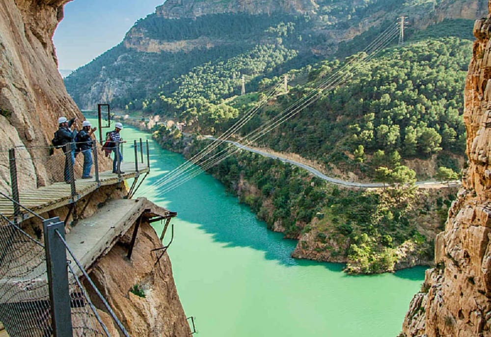 Caminito del rey panoramic view. The lake, the mountain, the peolple 