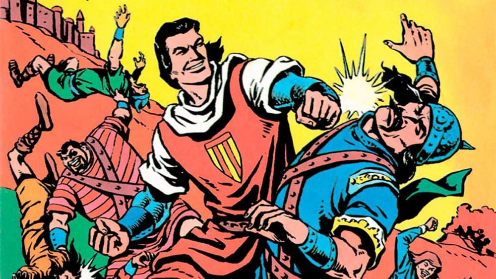 Capitán Trueno, the protagonist from Spanish comics Captain Thunder, punching an enemy, while Goliath and Crispin are fighting enemies in the background.