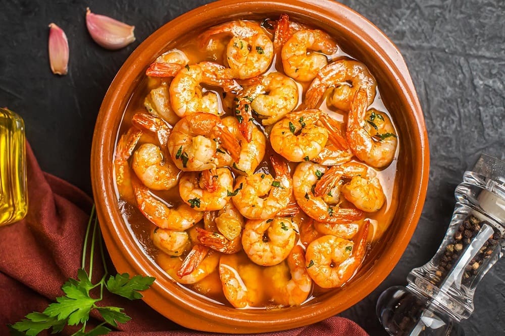 Delicious Spanish dish, gambas al pil-pil, which is spicy prawns.