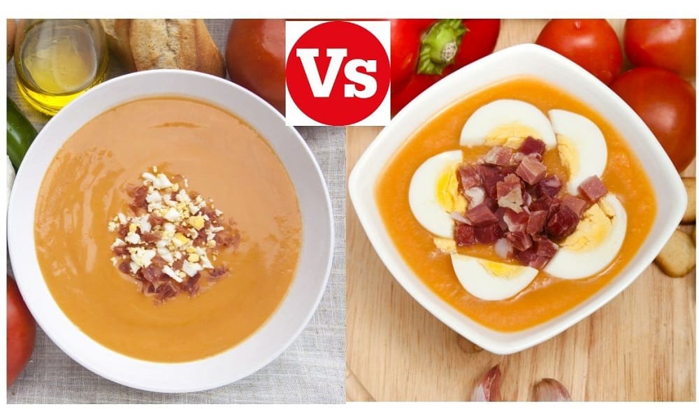 Feature image of a bowl of Salmorejo and a bowl of Gazpacho side by side, representing the focus of the blog on these two iconic Spanish cold soups.