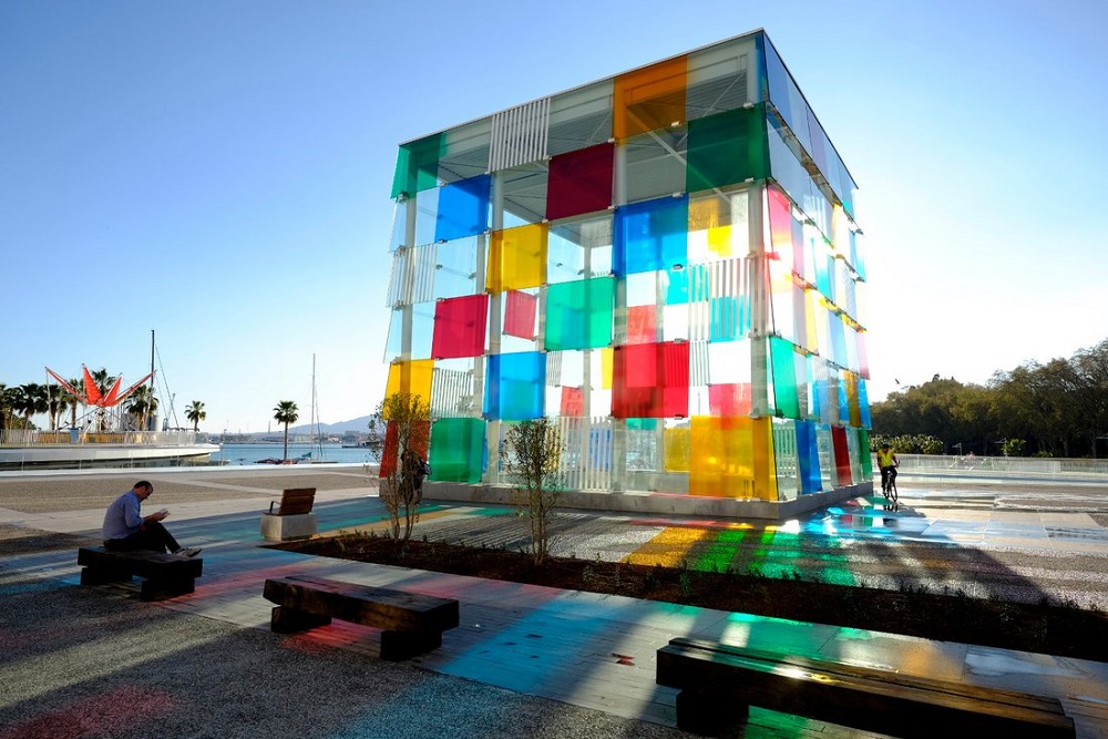 The wonderful Cube of Malaga, the Centre Pompidou Malaga, a French museum in Spain.