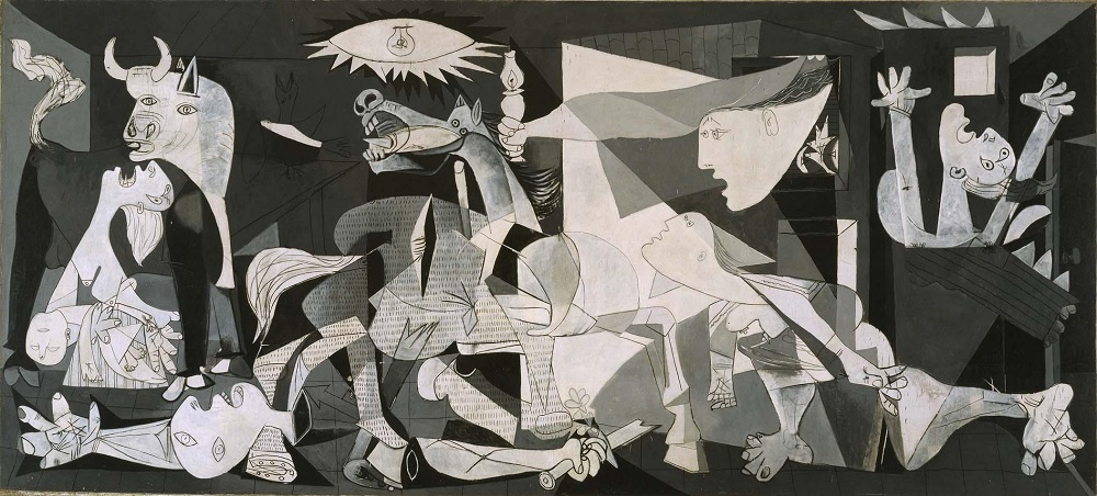 Picasso's Guernica, a black and white cubist painting depicting the chaos and suffering of the bombing of Guernica during the Spanish Civil War, a key piece in Malaga's museums.