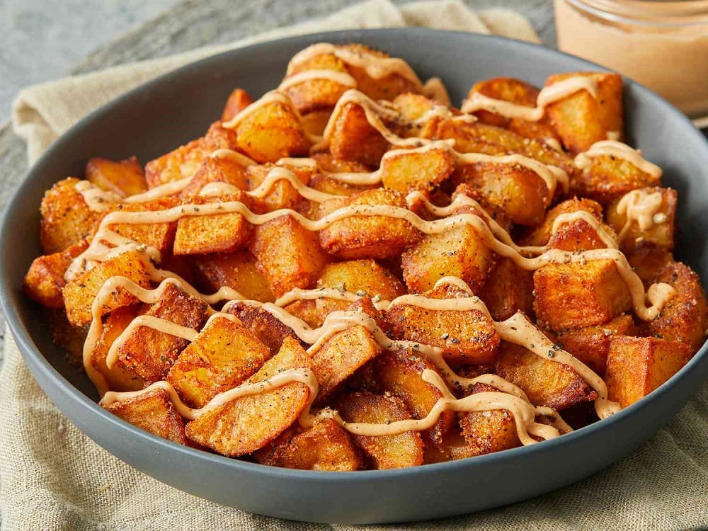 A picture od Spanish Patatas Bravas. A very popular dish in Spain. Also known as Spicy Potatoes 