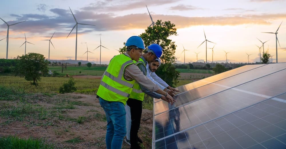 Workers in Andalusia, developing the renewable energy by constructing solar panels.