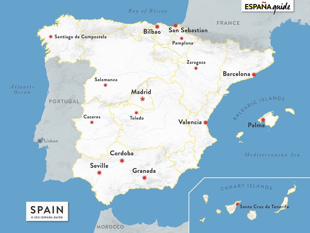 A white map from Spain signaling the Spanish cities with direct access to a Natural Reserve