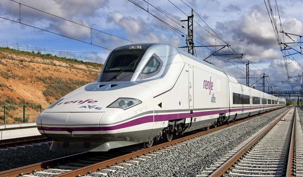 One of the AVE high-speed trains, owned by the public transportation company Renfe.