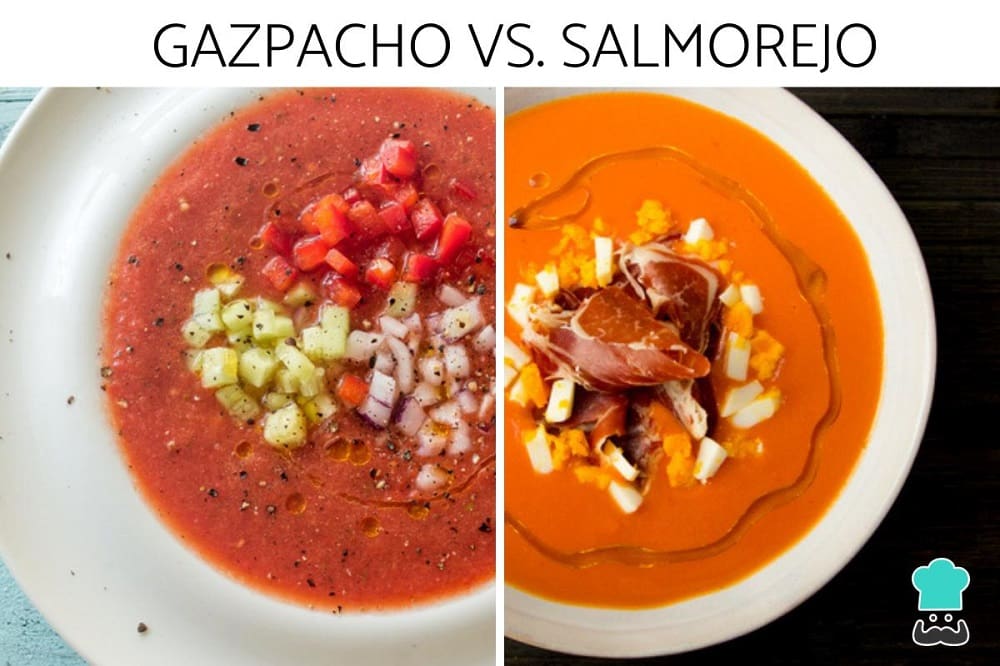 Salmorejo and Gazpacho served side by side, showcasing their different textures and serving styles.